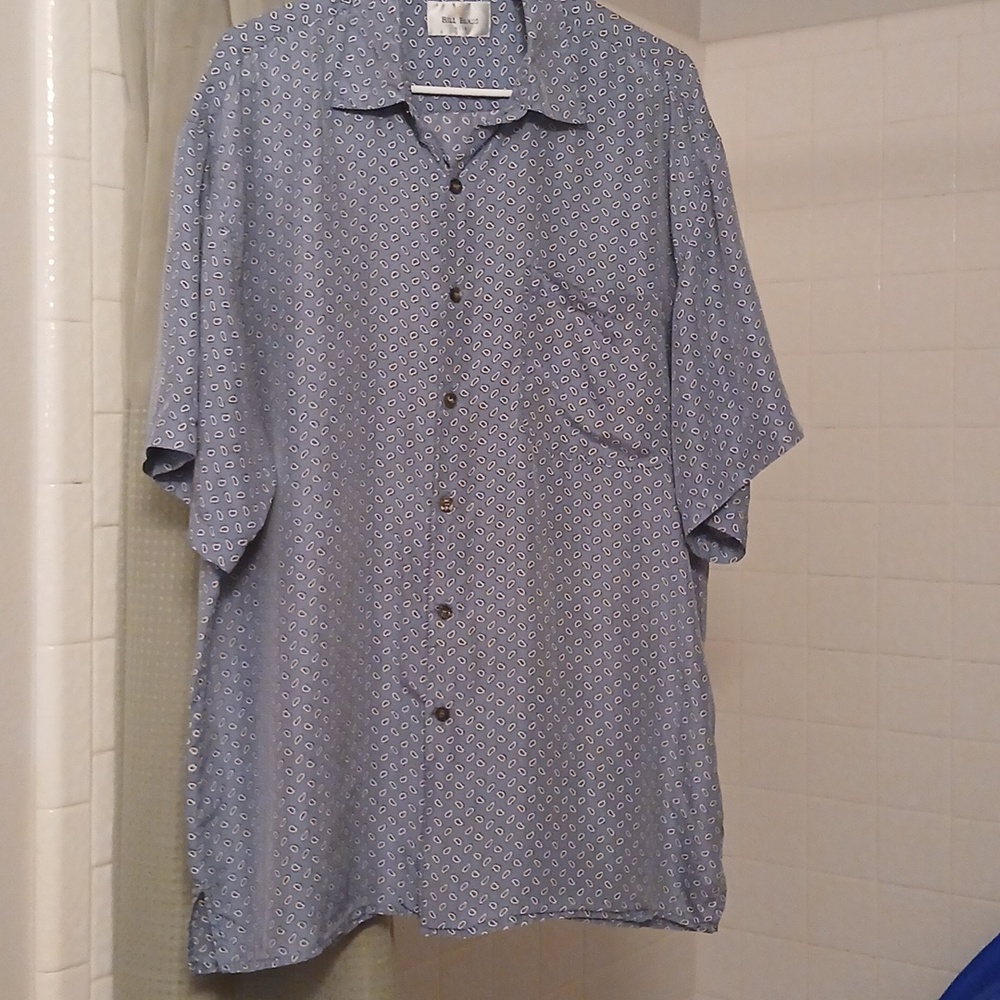 Bill Blass XL Silk Button Short Sleeve Shirt Light Blue Vintage EUC